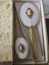 Vtg 24K Gold Plated Cameo Vanity Set Mirror Brush Comb Hollywood Regency Box 107 picture