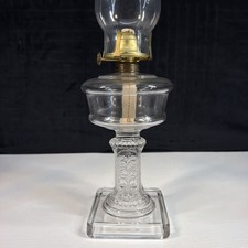 Antique EAPG Victorian Oil Lamp Square Floral Scroll Beaded Column Burner Shade picture