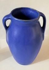 Vintage Burley Winter Pottery Twist Handles Nearly Cobalt Electric Blue Vase 7.7 picture