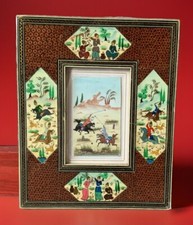 Persian Hand Painted inlaid Wooden Frame Picture Oriental Horsemen Fighters VTG picture