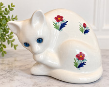 Vintage ELPA Alcobaca Portugal Ceramic Cat Blue Glass Eyes Floral Folk Art 9