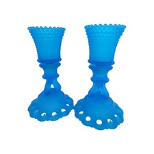 Vintage Westmoreland Blue Satin Glass Candlesticks Doric Open Lace Retro 1960s picture