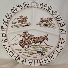 Vintage 1950 Cowboy Japan Porcelain Western Grill Plates Set of 2 Fred Roberts picture