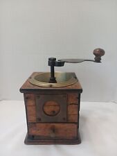 Antique Coffee Grinder Mill Wood W/ Dove Tail Drawer, Brass, Rustic Primitive  picture
