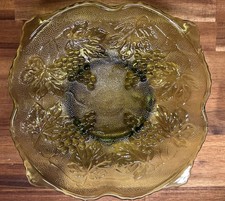 Vintage Green Glass Serving Bowl Grapes & Leaves Design 8” picture