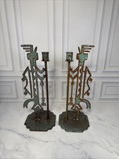 Southwestern Iron Kokopelli Style Candle Holders Pair Turquoise Verdigris Finish picture