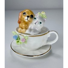 Vintage Napcoware Bone China Miniature Puppy and Kitten in Teacup Figurine picture