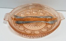 Divided Relish Dish Bowl Pink Depression Glass with 2 forks 8 1/2
