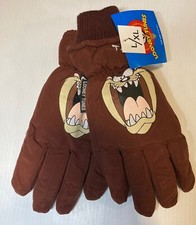 1998 Taz Face Looney Tunes Winter Gloves Nylon L/XL Brown Berkshire Fashions Vtg picture