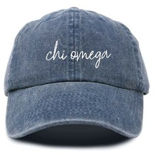Chi Omega Cursive Sorority Hat Womens Embroidered Baseball Cap Washed Navy Blue picture