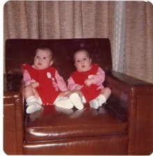 Vtg 1970s Found Photo Twin Babies Red Outfits on Chair Snapshot picture