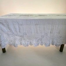 Antique Ivory White Linen Battenburg Cutwork Embroidered Tablecloth Fabric  picture