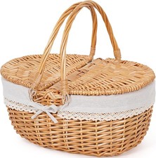 Wicker Basket w/ Lid Handle, 15in Vintage Handwoven Large Picnic picture
