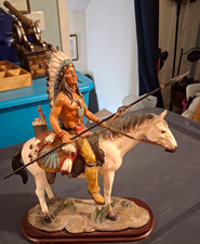 Native American Indian Warrior on Horseback Figurine Statue w/ Spear Wood Base picture