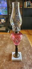 Antique Cranberry Etched Oil Lamp On Marble Base picture