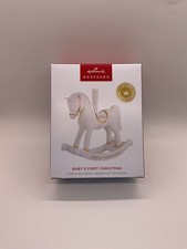 NIB HALLMARK 2026 BABYS FIRST CHRISTMAS ROCKING HORSE PORCELAIN GOLD ORNAMENT picture