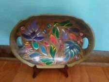 Vintage Mexican Folk Art Wooden Centerpiece Bowl Tray Hand Painted Colorful  picture