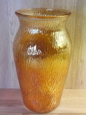 Vtg Jeannette Carnival Glass Vase Marked Tree Bark Design Marigold Iridescent picture