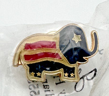 UNIQUE VINTAGE TRI-COLOR REPUBLICAN ELEPHANT PIN IN ORIGINAL PACKAGE picture