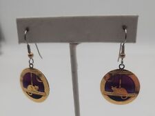 Vintage Kyle gold tone w/ purple fabric CAT dangle round pierced earrings picture