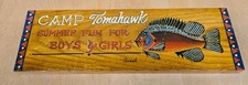 Vintage Tim Karash Hand Painted Wood Sign Folk Art  CAMP TOMAHAWK fishing Old  picture