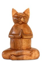 Wooden Hand Carved Yoga Fire Log Pose Cat Sculpture Statue Home Decor Figurine picture