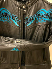 Harley-Davidson Black Leather Jacket w/ Blue Embroidered Logo Graphics picture