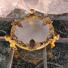 Cherub Putti Vintage Ormolu Frosted Glass Trinket Bowl Gold Leaf Rim Vanity Dish picture