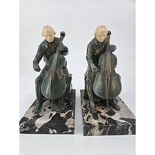 Pair 1932 J.B. Hirsch Cellist Bookends Bronze Marble Ivorine Heads J Ruhl Design picture