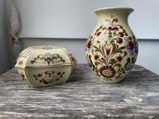 Vintage Zsolnay floral vase and dish with lid hand painted  picture