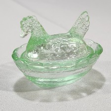 Light Green Glass Miniature Hen on Nest Salt Cellar Trinket Dish picture