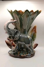 BEAUTIFUL Vtg 3D Elephant w Tiger Attack Irridescent Glaze LG Vase Mid Century picture