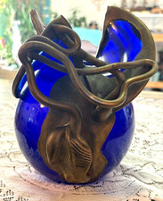 Misu Coman Artist Signed Romanian Art Glass Cobalt Blue Vase fused Brass accent picture