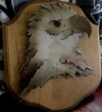 Vintage 3D Eagle Head Metal On Wood Wall Plaque Signed picture