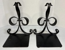 Large Antique French Fleur De Lis Bow Hand Forged Iron Bookends Black  picture