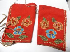 ANTIQUE RED STROUD CREE / METIS INDIAN LEGGINS BEADED BOTH SIDES - c1920s picture