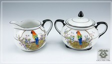 Vntg Noritake Hand Painted Parrot Creamer & Lidded Sugar Bowl Set 1920s Art Deco picture