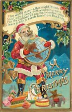 Embossed Merry Christmas Postcard Santa Claus Holds Globe Kris Kringle Series 1 picture