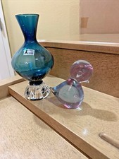 Vintage Sweden Small Delicate Smoky Blue Vase Seda & Blue Sweden Bird; Nice picture
