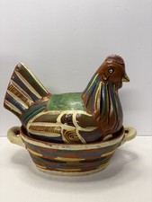 Vtg Mexican Tlaquepaque Chicken Hen Casserole Dish Pot 10” Long And 9.5” Tall picture