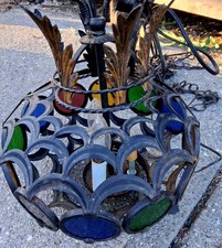 Vintage Mid Century Modern Gothic Wrought Iron Colored Glass Lamp 🔥🔥 picture