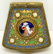Antique French Style Jeweled Portrait Powder Compact Mirror Enamel Rhinestones picture