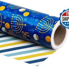WRAPAHOLIC 30 Inch x 33 Feet Hanukkah Wrapping Paper Blue Gold White picture