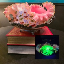 Victorian Harrach Bohemian Pink Ruffled Uranium Glass Brides Bowl Silver Plate picture