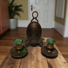 Antique or Vintage Brass Wall Double Candle Sconce with Green Patina picture
