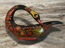Vintage Russian Khokhloma Hand Painted Wood Swan Bowl Kovsh Folk Art Decor Red picture