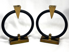 Vtg. Mid-Century Brass Triangular Circular Pair of Candlesticks 7.25