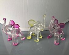 Vintage Elephants Figures Lucite Acrylic Hong Kong Clear Pink , Yellow, Set of 3 picture