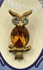 Vintage Austrian Collection Crystal Gold Plated Owl Pin picture
