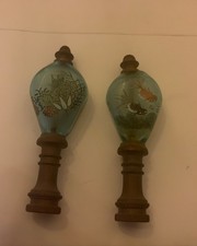 Vintage Pair Reverse Painted Glass Lamp Finials Asian Goldfish Birds Brass Base picture